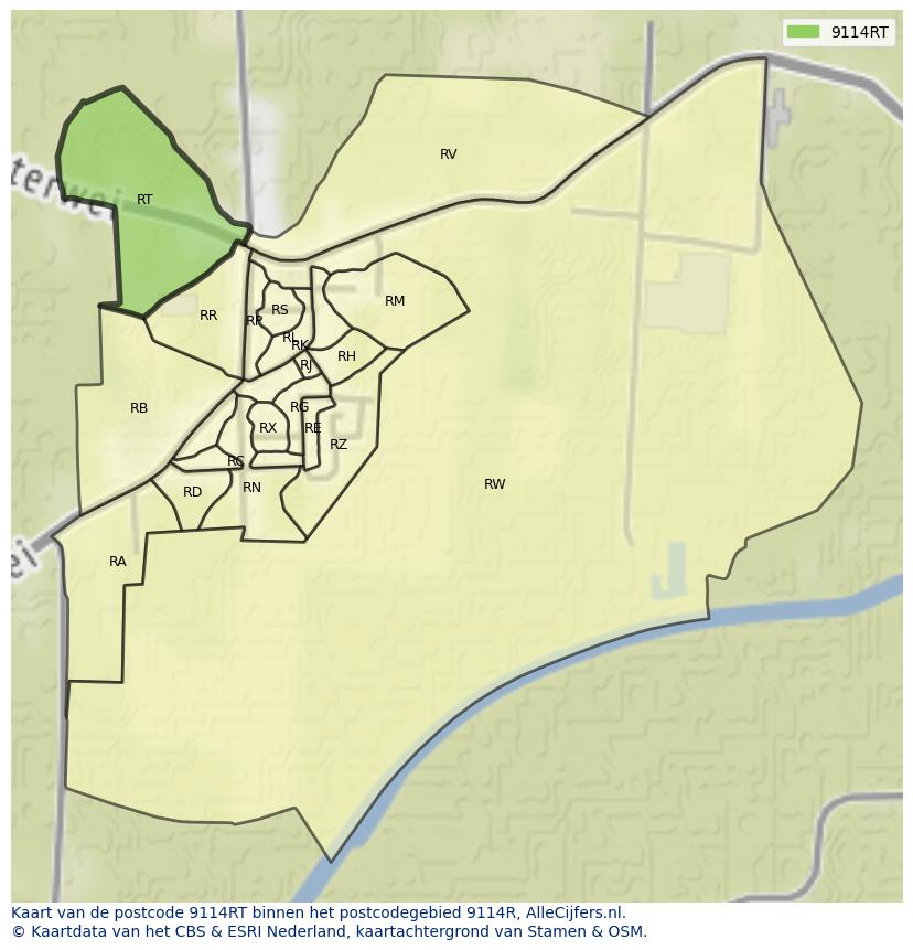 Afbeelding van het postcodegebied 9114 RT op de kaart.