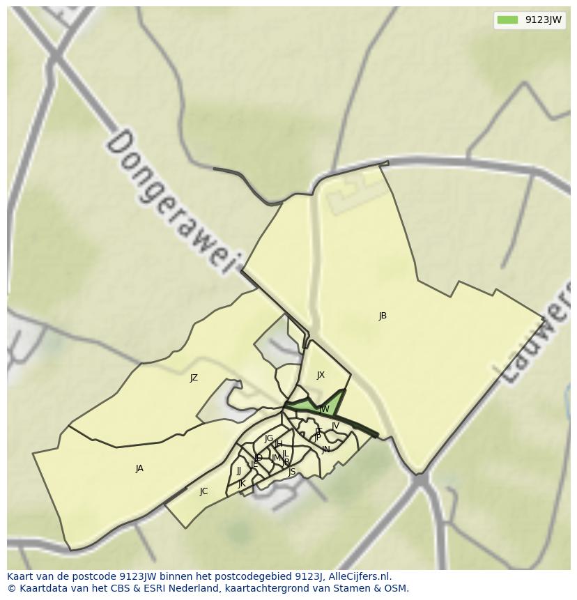 Afbeelding van het postcodegebied 9123 JW op de kaart.