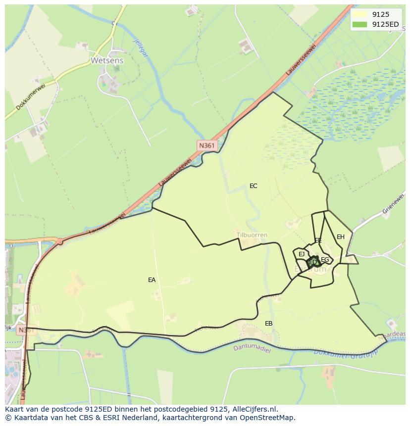 Afbeelding van het postcodegebied 9125 ED op de kaart.