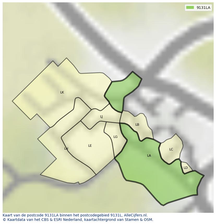 Afbeelding van het postcodegebied 9131 LA op de kaart.