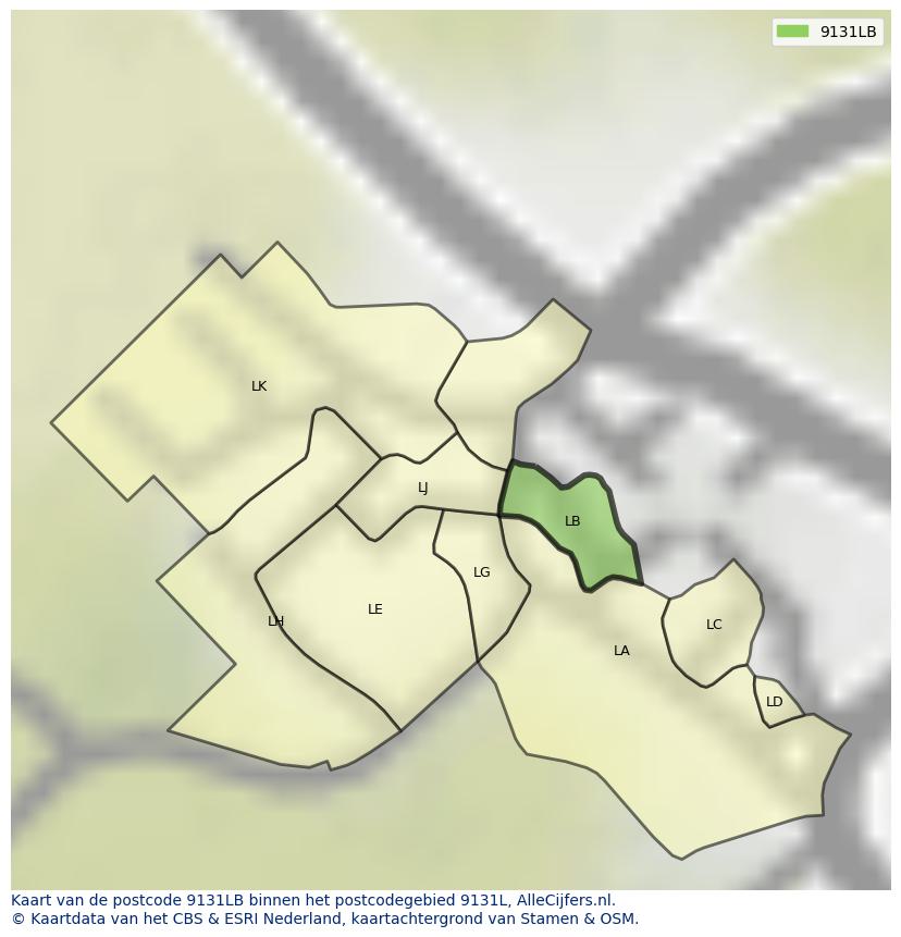 Afbeelding van het postcodegebied 9131 LB op de kaart.