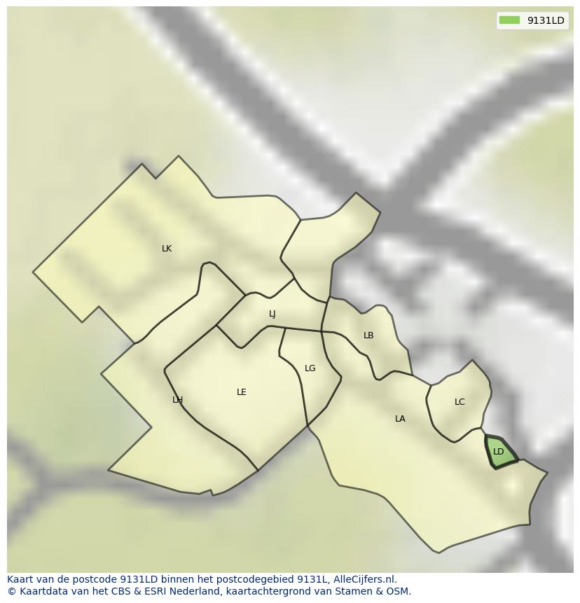 Afbeelding van het postcodegebied 9131 LD op de kaart.