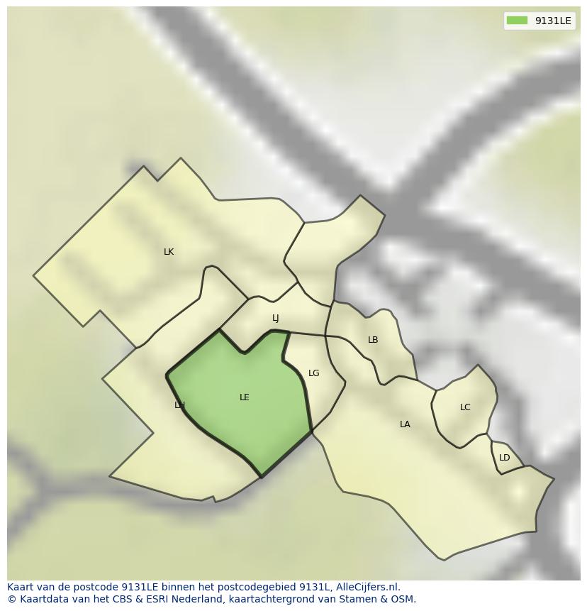 Afbeelding van het postcodegebied 9131 LE op de kaart.