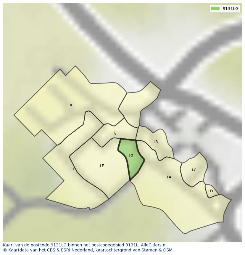 Afbeelding van het postcodegebied 9131 LG op de kaart.
