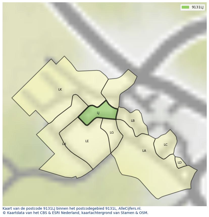 Afbeelding van het postcodegebied 9131 LJ op de kaart.