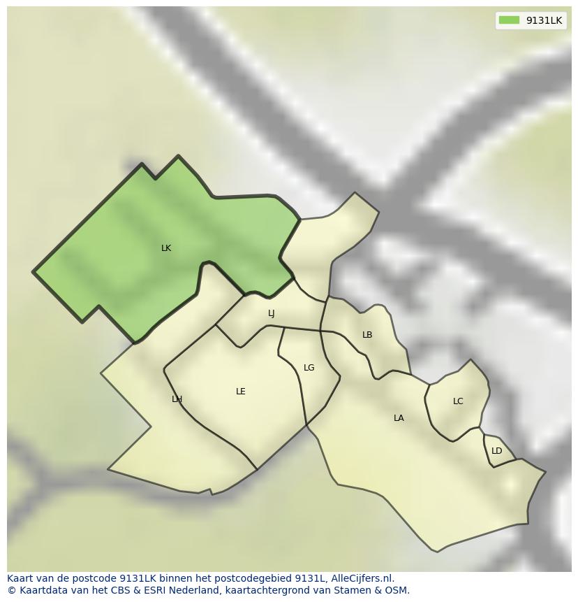 Afbeelding van het postcodegebied 9131 LK op de kaart.