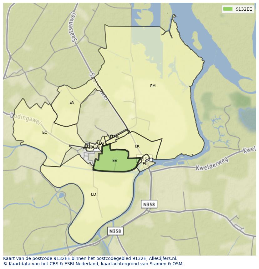 Afbeelding van het postcodegebied 9132 EE op de kaart.