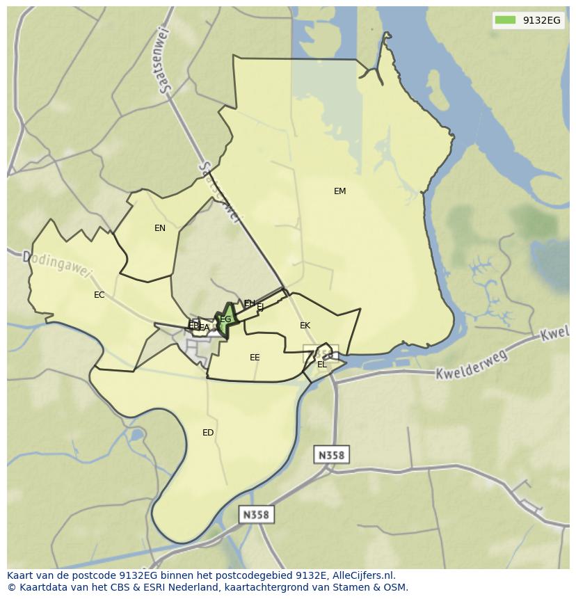 Afbeelding van het postcodegebied 9132 EG op de kaart.