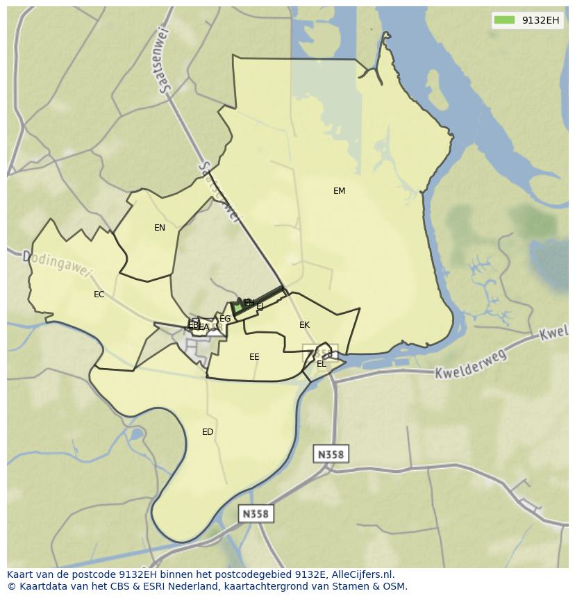 Afbeelding van het postcodegebied 9132 EH op de kaart.