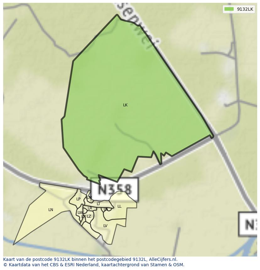 Afbeelding van het postcodegebied 9132 LK op de kaart.