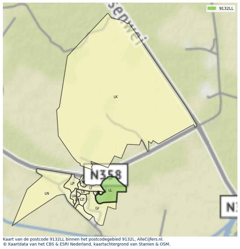 Afbeelding van het postcodegebied 9132 LL op de kaart.