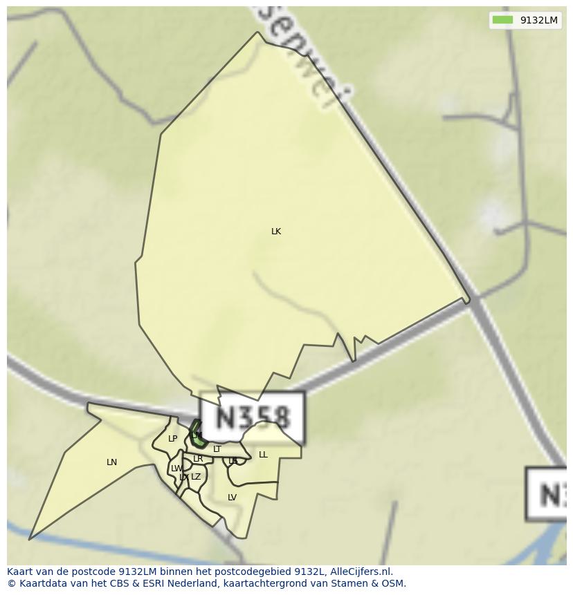 Afbeelding van het postcodegebied 9132 LM op de kaart.