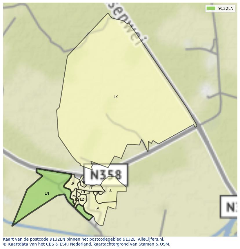 Afbeelding van het postcodegebied 9132 LN op de kaart.