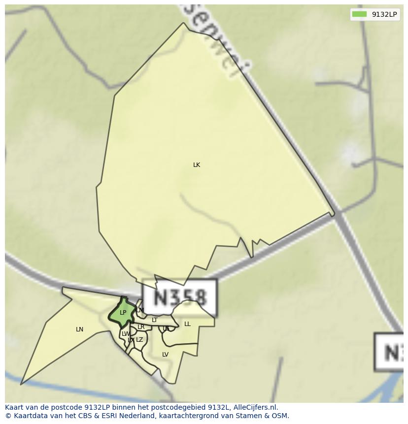 Afbeelding van het postcodegebied 9132 LP op de kaart.