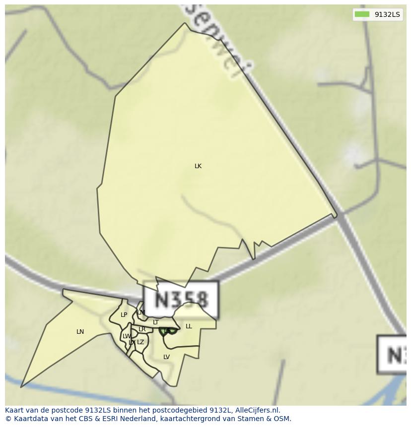 Afbeelding van het postcodegebied 9132 LS op de kaart.