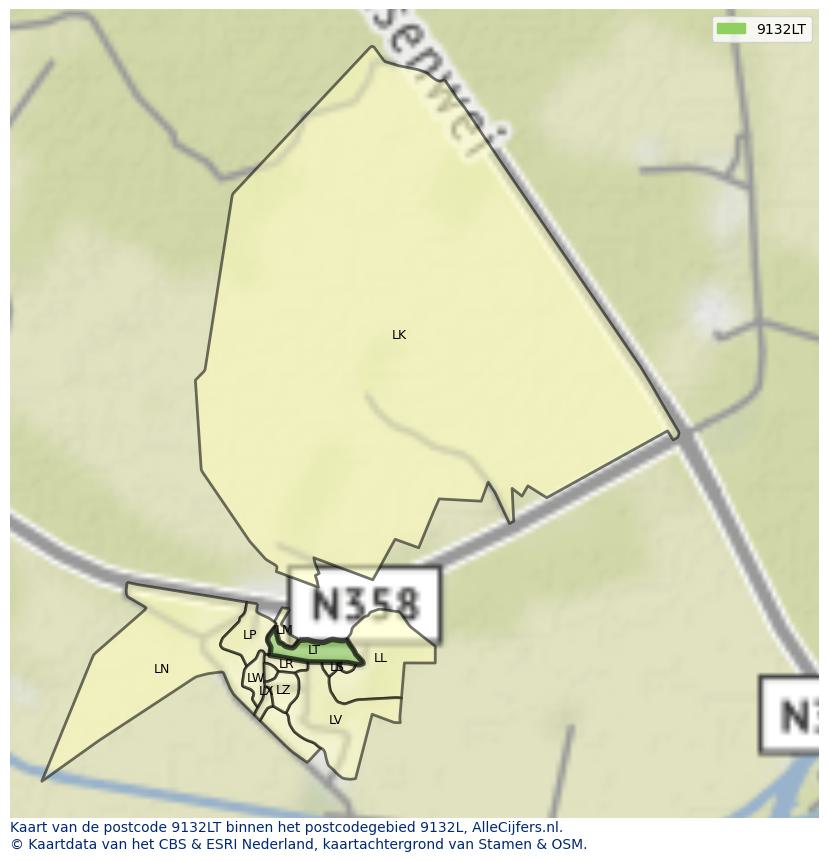 Afbeelding van het postcodegebied 9132 LT op de kaart.