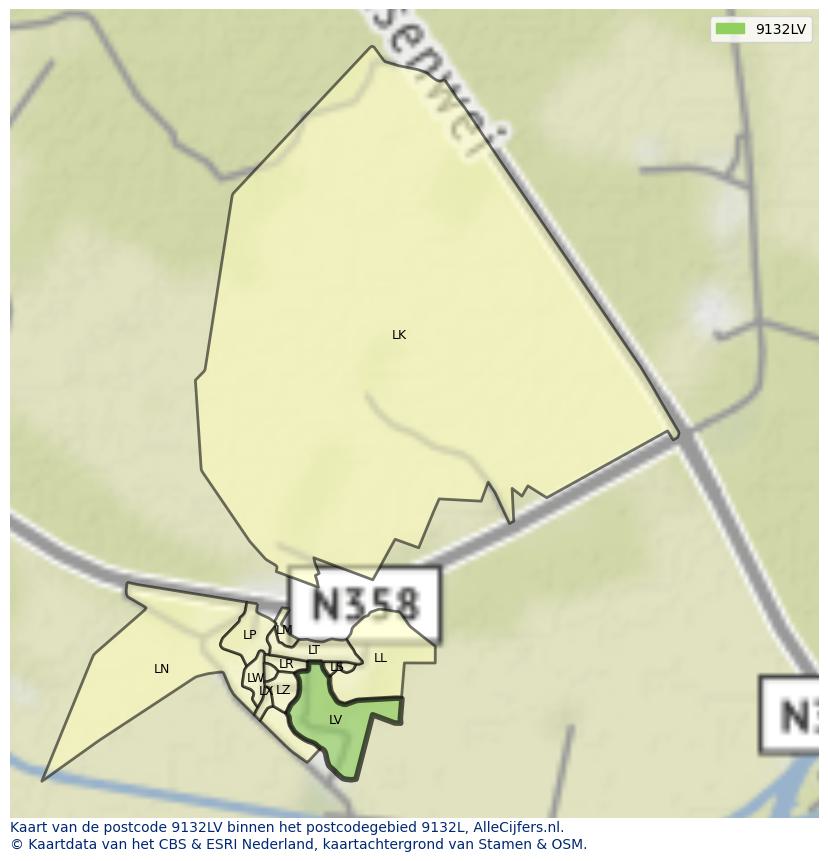 Afbeelding van het postcodegebied 9132 LV op de kaart.