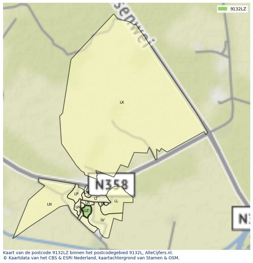 Afbeelding van het postcodegebied 9132 LZ op de kaart.