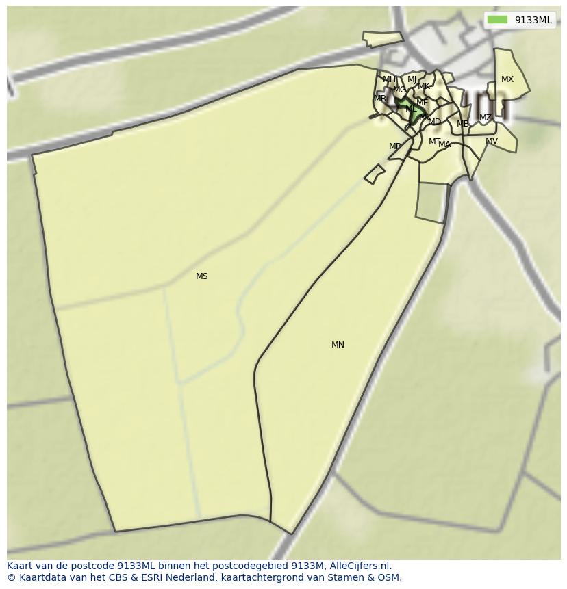 Afbeelding van het postcodegebied 9133 ML op de kaart.