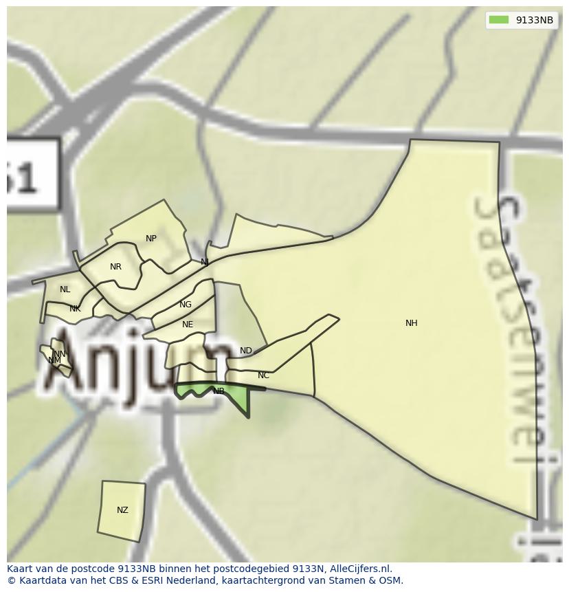Afbeelding van het postcodegebied 9133 NB op de kaart.