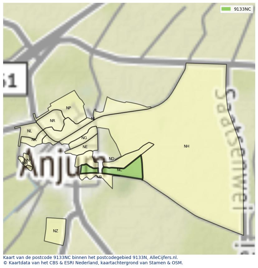 Afbeelding van het postcodegebied 9133 NC op de kaart.