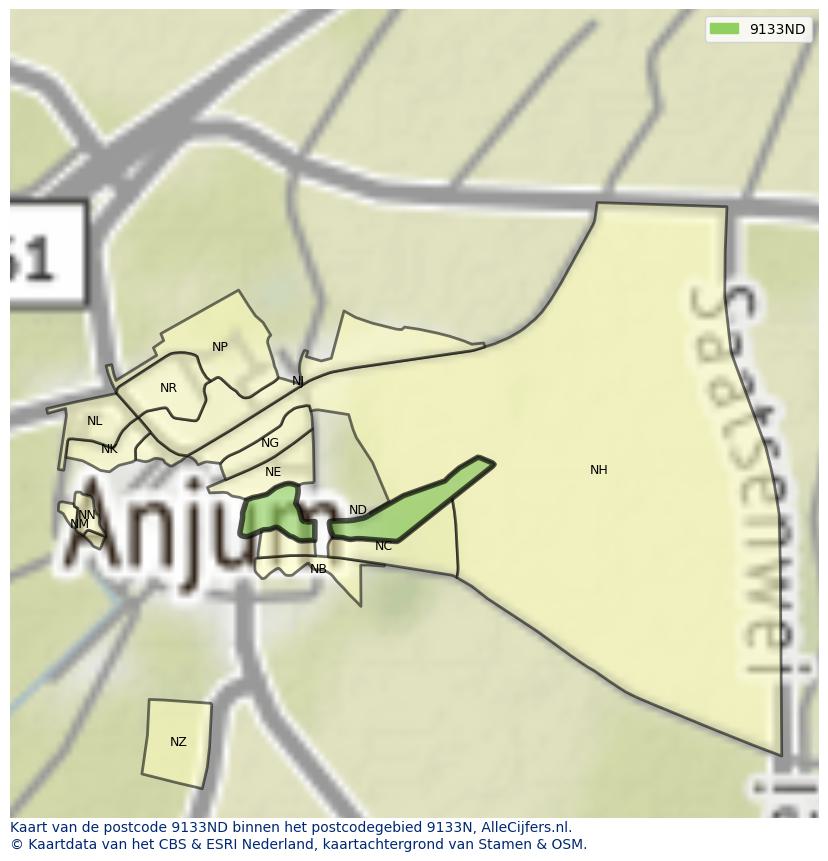 Afbeelding van het postcodegebied 9133 ND op de kaart.