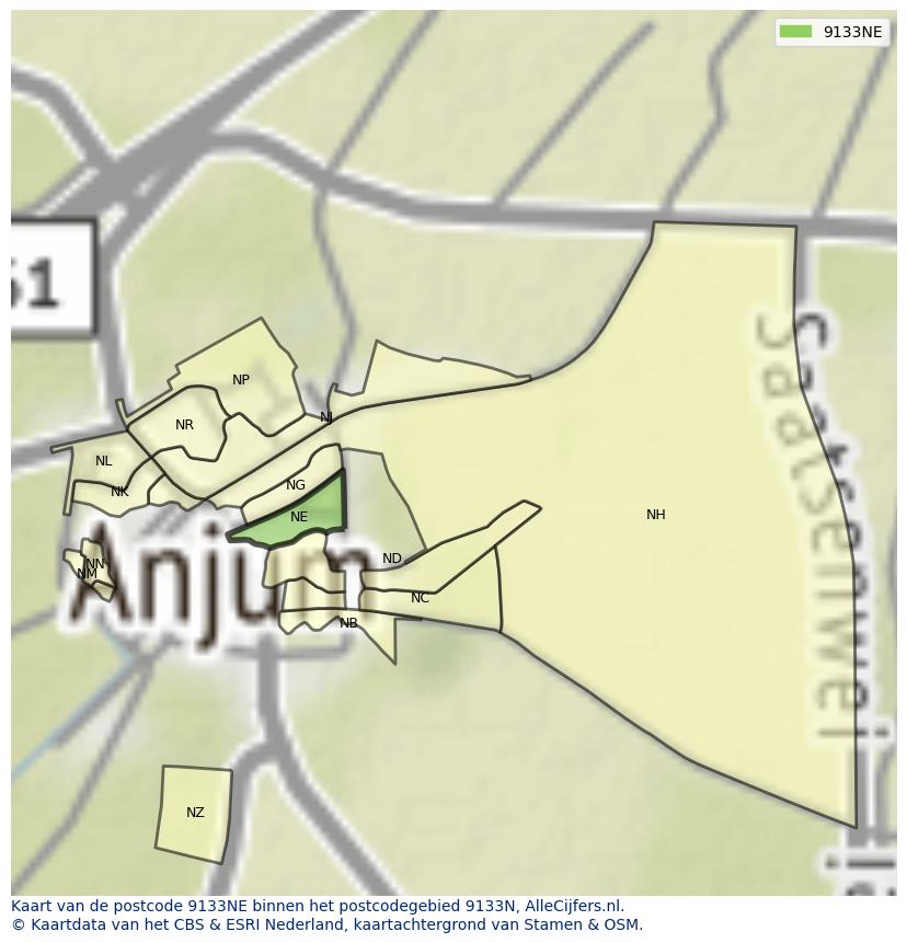 Afbeelding van het postcodegebied 9133 NE op de kaart.