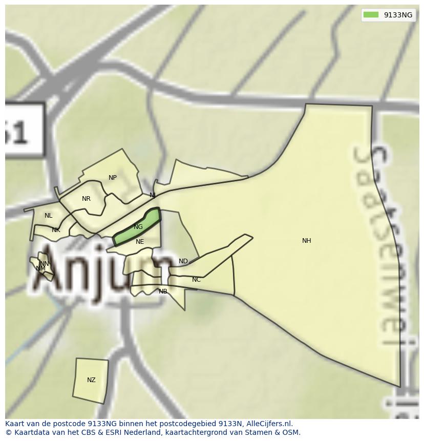Afbeelding van het postcodegebied 9133 NG op de kaart.