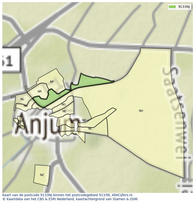 Afbeelding van het postcodegebied 9133 NJ op de kaart.