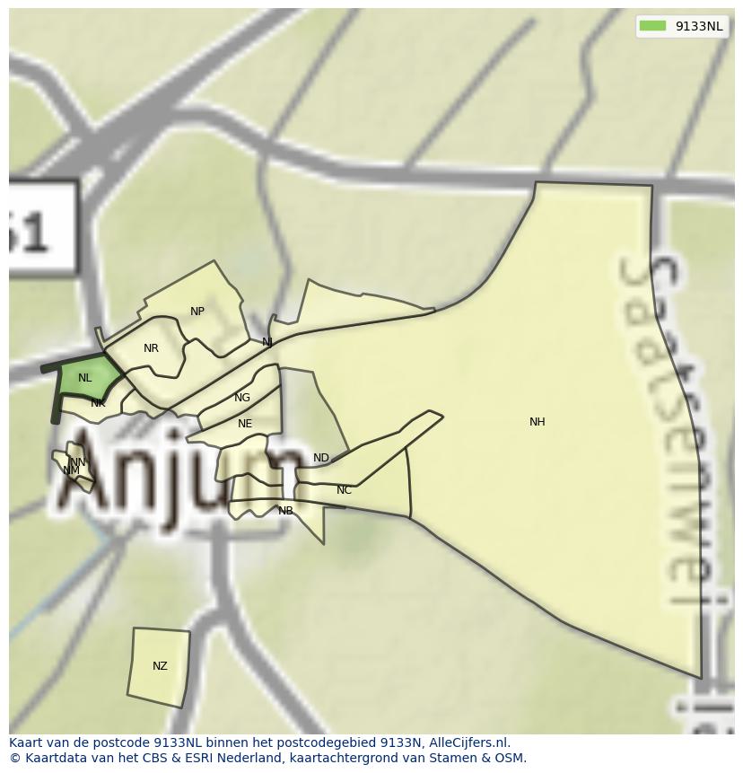 Afbeelding van het postcodegebied 9133 NL op de kaart.