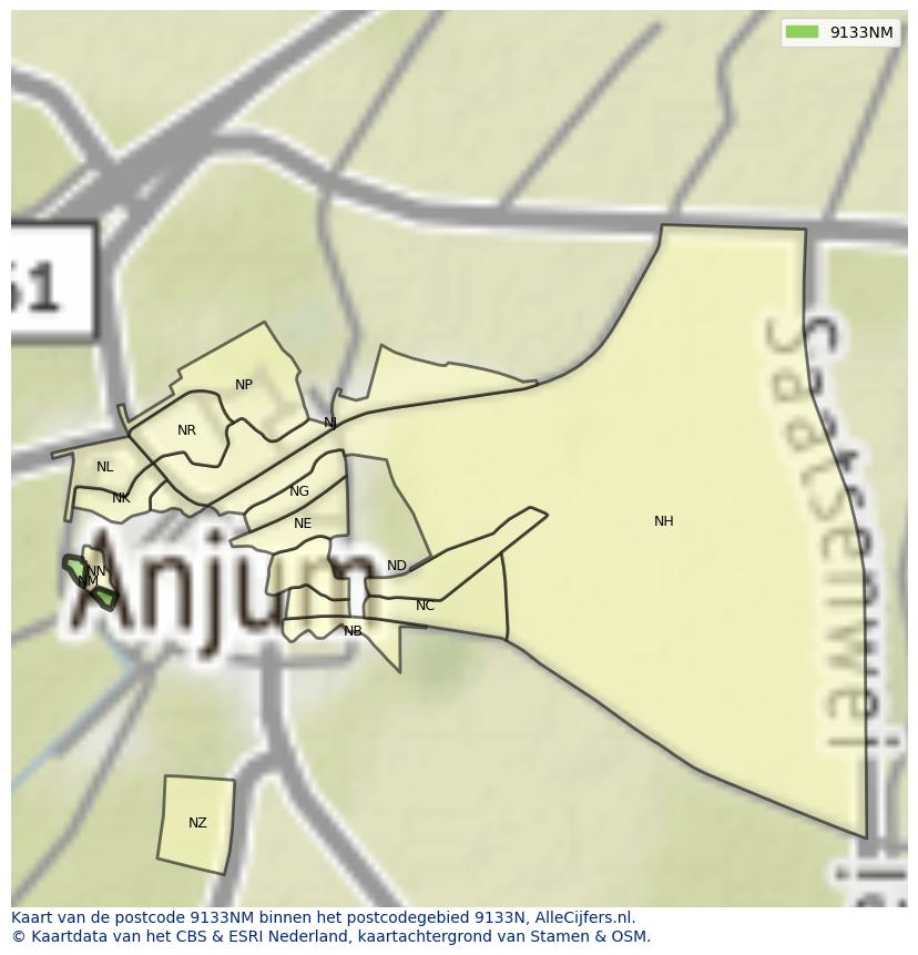 Afbeelding van het postcodegebied 9133 NM op de kaart.