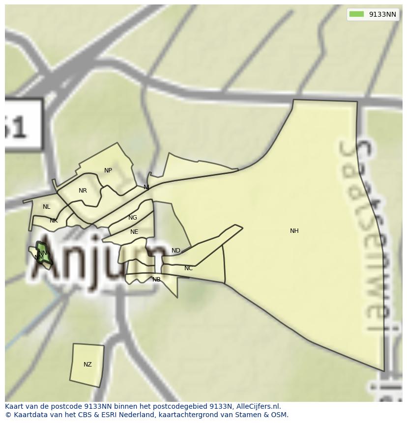 Afbeelding van het postcodegebied 9133 NN op de kaart.