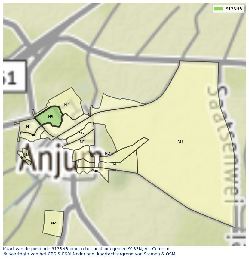 Afbeelding van het postcodegebied 9133 NR op de kaart.