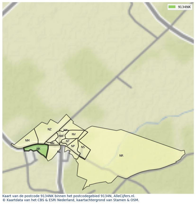 Afbeelding van het postcodegebied 9134 NK op de kaart.