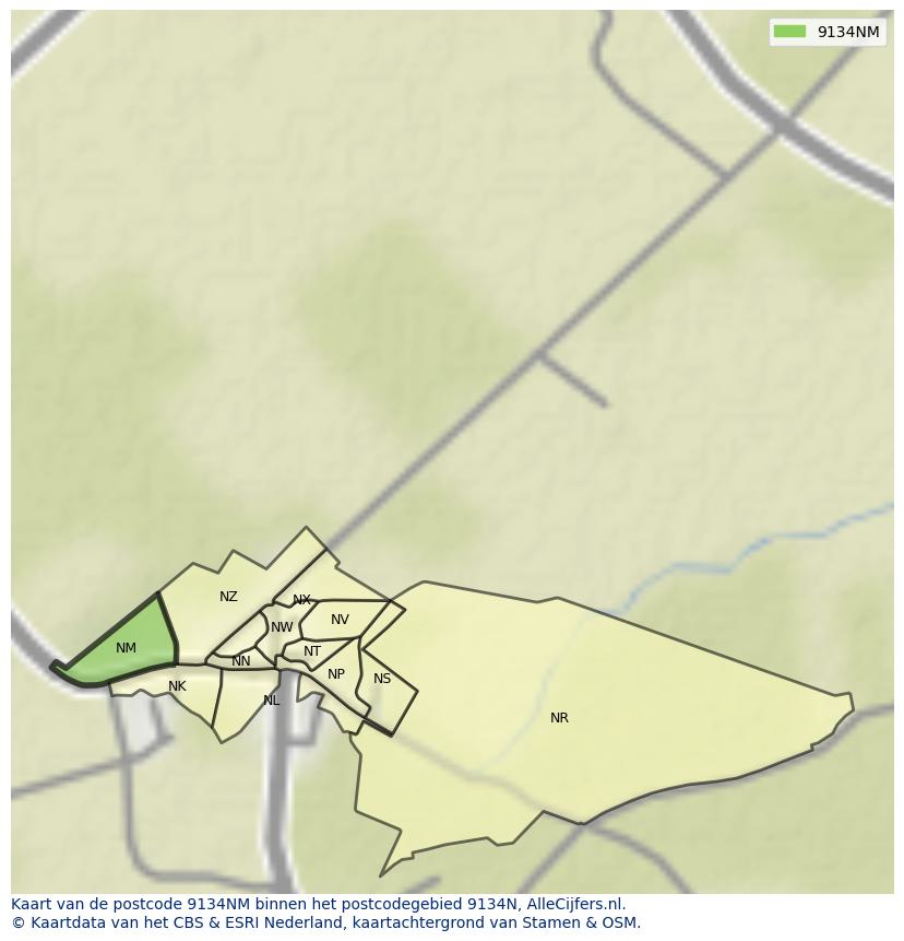 Afbeelding van het postcodegebied 9134 NM op de kaart.