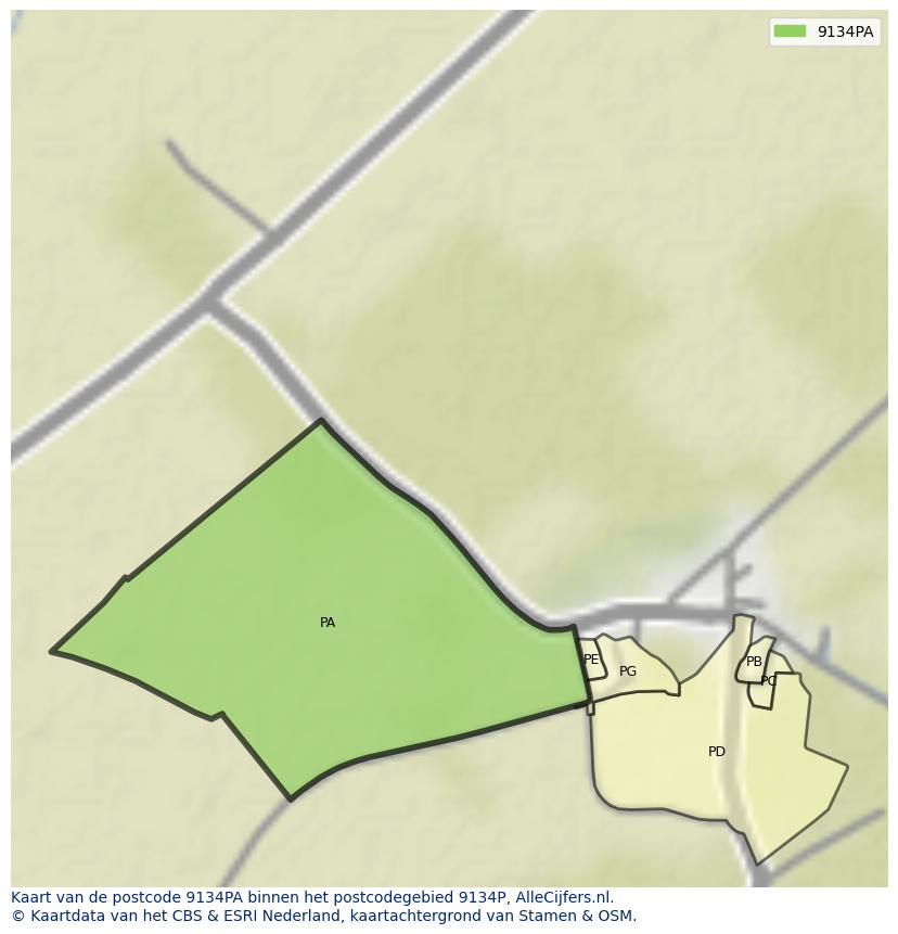 Afbeelding van het postcodegebied 9134 PA op de kaart.