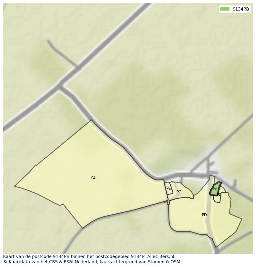 Afbeelding van het postcodegebied 9134 PB op de kaart.