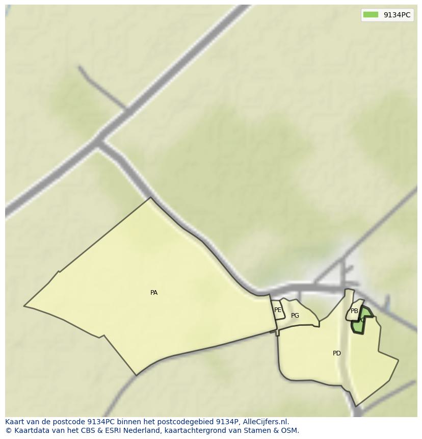 Afbeelding van het postcodegebied 9134 PC op de kaart.