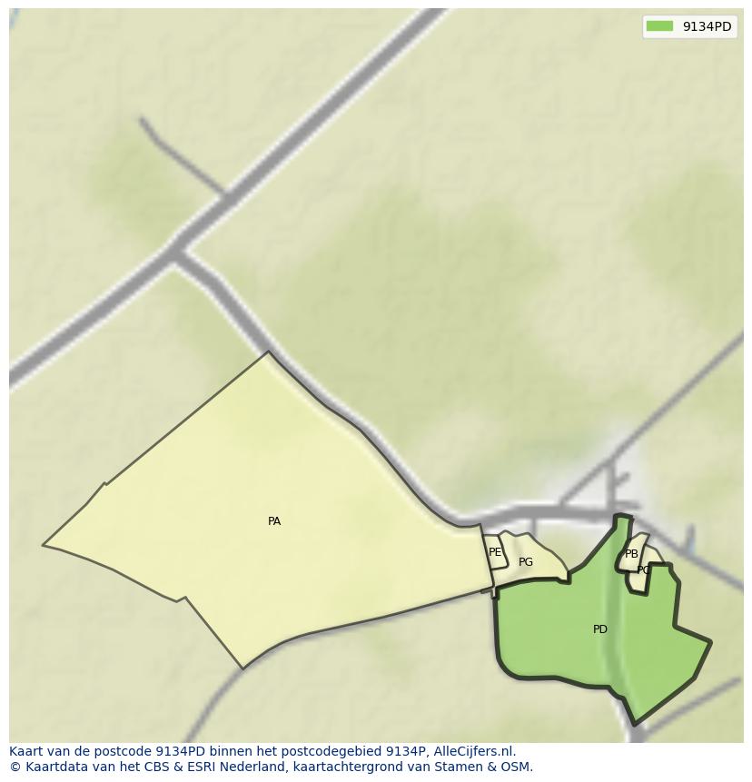 Afbeelding van het postcodegebied 9134 PD op de kaart.