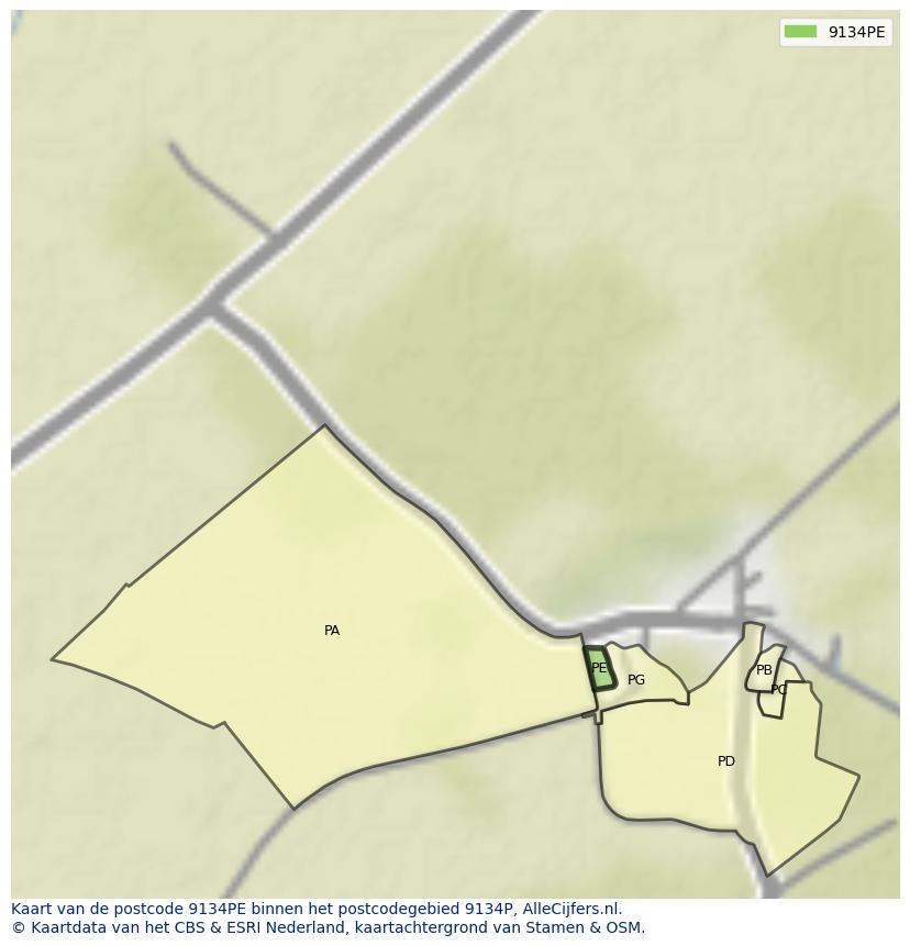 Afbeelding van het postcodegebied 9134 PE op de kaart.
