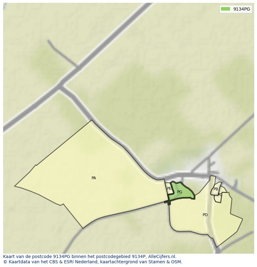 Afbeelding van het postcodegebied 9134 PG op de kaart.