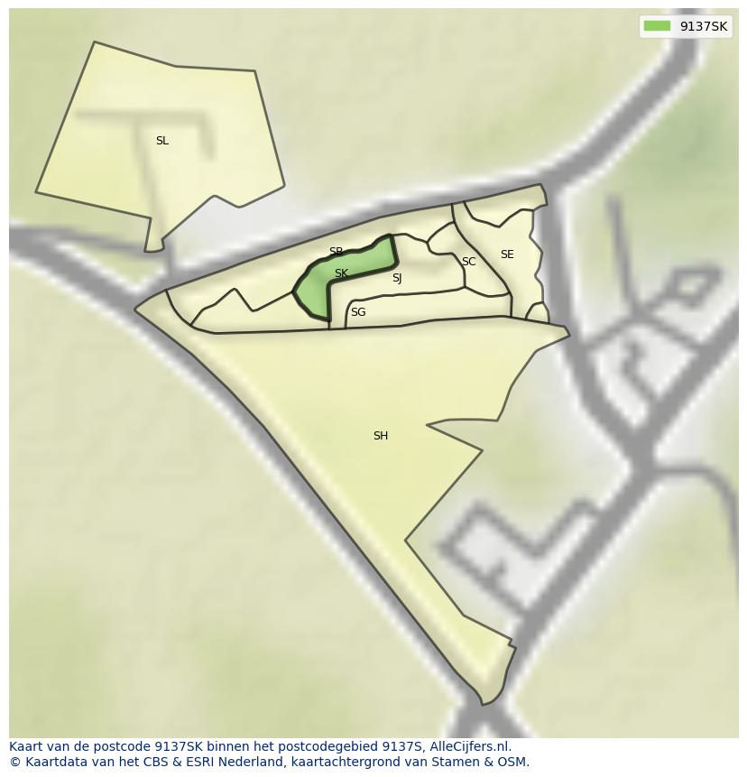 Afbeelding van het postcodegebied 9137 SK op de kaart.