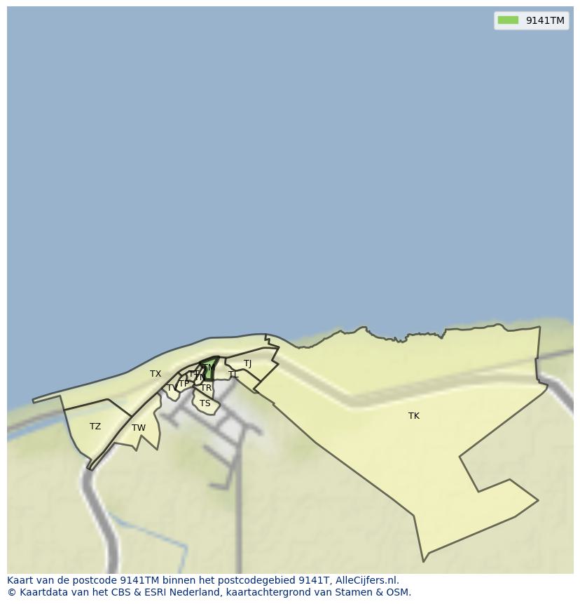 Afbeelding van het postcodegebied 9141 TM op de kaart.