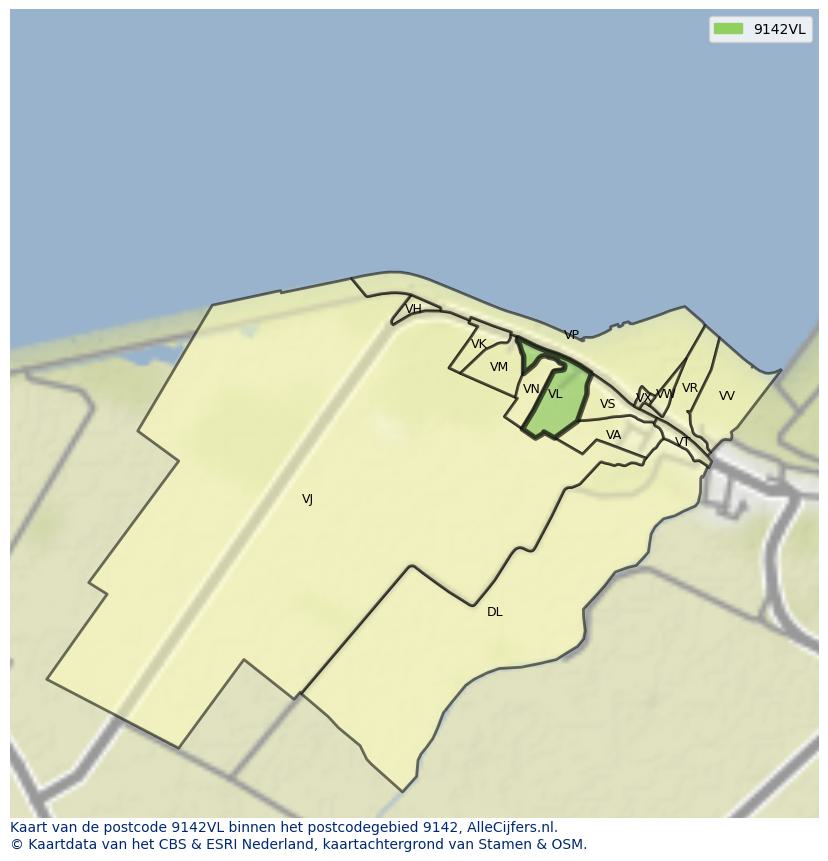 Afbeelding van het postcodegebied 9142 VL op de kaart.