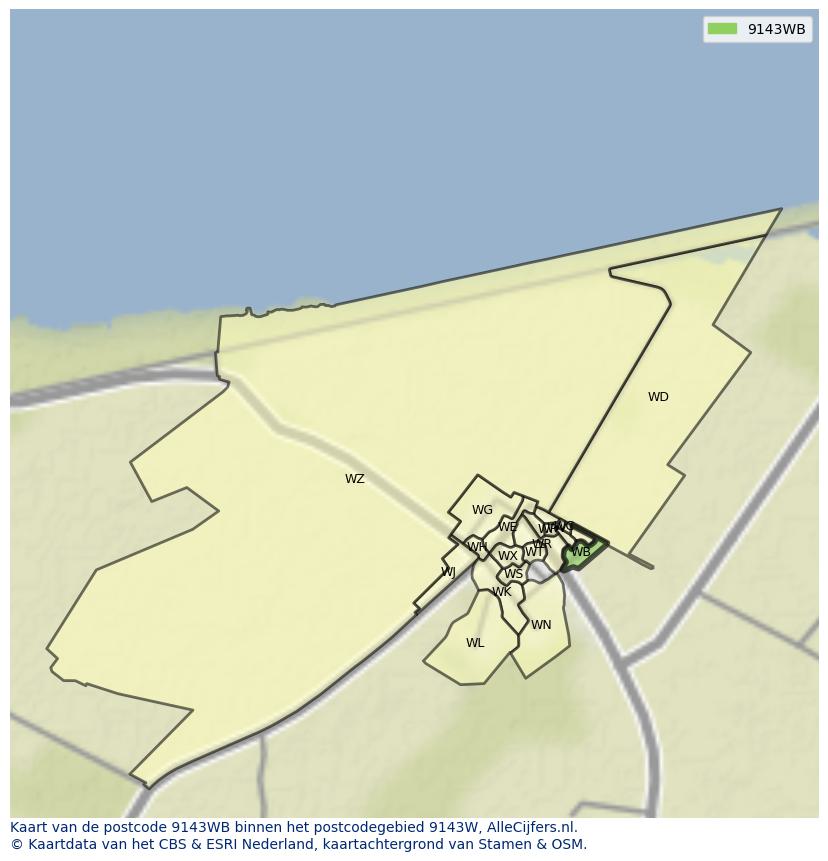 Afbeelding van het postcodegebied 9143 WB op de kaart.