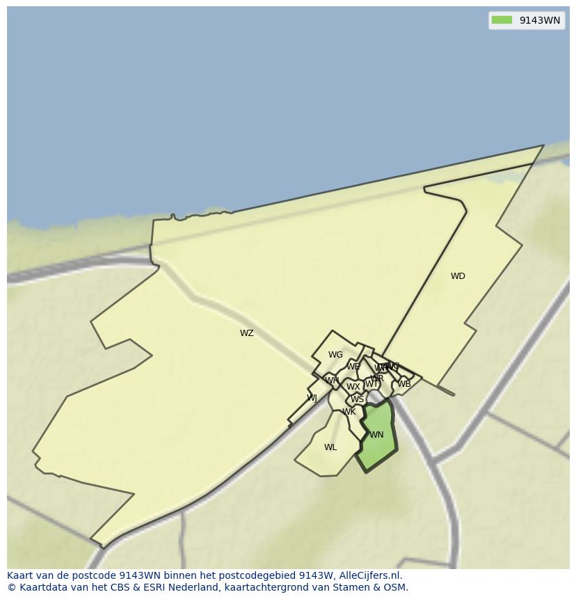 Afbeelding van het postcodegebied 9143 WN op de kaart.