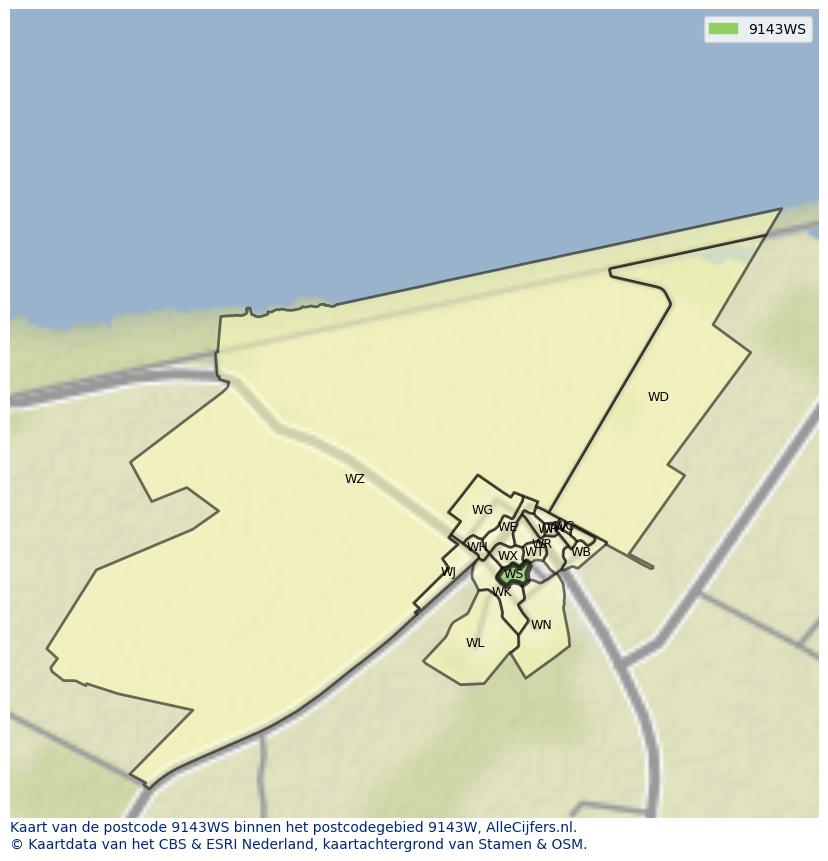 Afbeelding van het postcodegebied 9143 WS op de kaart.