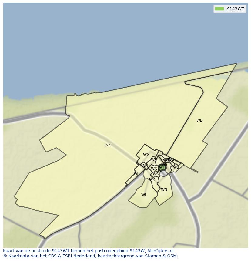 Afbeelding van het postcodegebied 9143 WT op de kaart.
