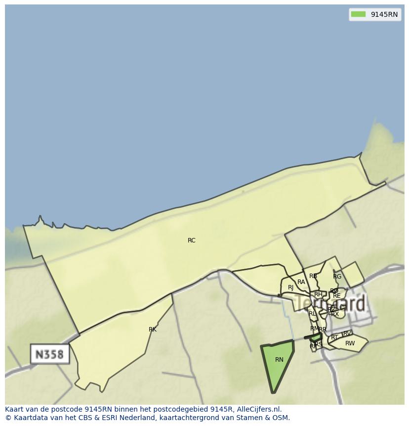Afbeelding van het postcodegebied 9145 RN op de kaart.