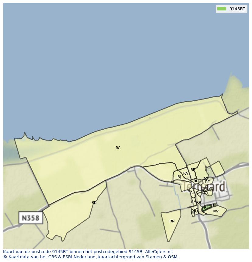 Afbeelding van het postcodegebied 9145 RT op de kaart.